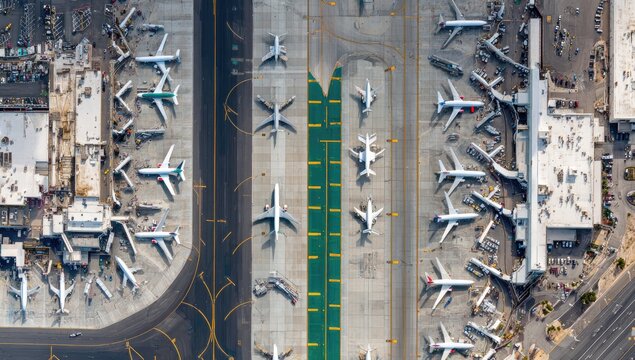 Aerial View of Busy Airport Tarmac with Numerous Airplanes Lined Up.