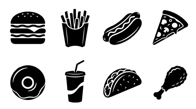 Fast Food Silhouette Icons Set Including Burger, Fries, Pizza, Hot Dog, Donut, Taco, and Fried Chicken for Restaurant Menu Design Concept