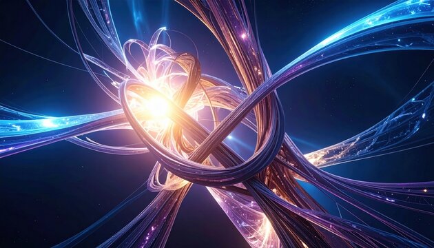Abstract visualization of quantum entanglement featuring luminous intertwined ribbons of light in a cosmic space setting, representing the complex nature of subatomic particle connections.