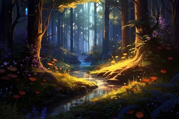 Fototapeta premium Woodland stream flowing through a fantasy forest illuminated by magical light and glowing flora