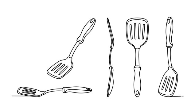 Kitchen Utensil Spatula and Turner Collection Displaying Various Viewing Angles in Minimalist Doodle Line Art Graphic Design