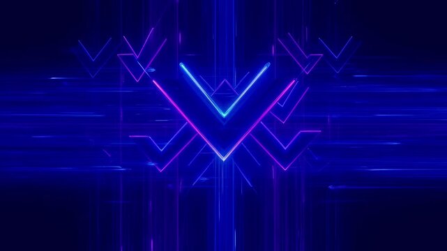 Abstract neon glowing chevron arrows in blue pink cyan colors on dark digital grid background creating modern tech concept visual