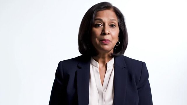 A confident middle-aged businesswoman smiling in a professional setting for a corporate video