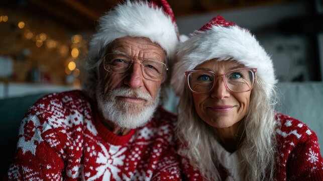 A joyful elderly couple wearing matching Christmas sweaters and hats, smiling warmly as they revel in the festive spirit, surrounded by cozy holiday decorations.