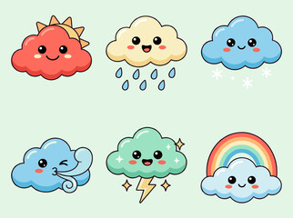 Naklejka premium Cute Weather Icons Set Featuring Smiling Clouds with Sun Rain Snow Wind Lightning and Rainbow for Kids Education and Meteorological Vector Design