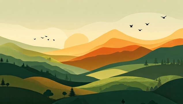 Serene Mountain Landscape with Rolling Hills and Birds at Sunset.