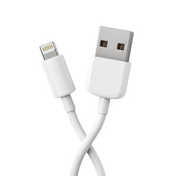 White USB Lightning Cable in Cross Shape Against white background Studio Lighting