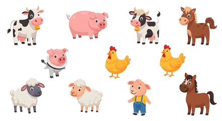 Fototapeta premium Collection of Cute Farm Animals and Children on White Background.