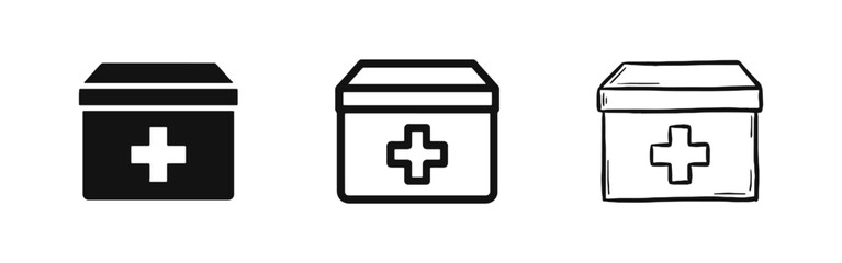 Obraz premium First aid kit box icons set with medical cross in three different styles isolated on white