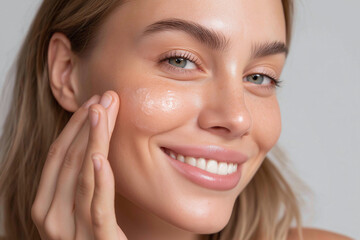 Obraz premium Glowing woman applying facial serum to cheek, close up skin care routine with smile and natural makeup, healthy hydrated skin texture and beauty lifestyle shot