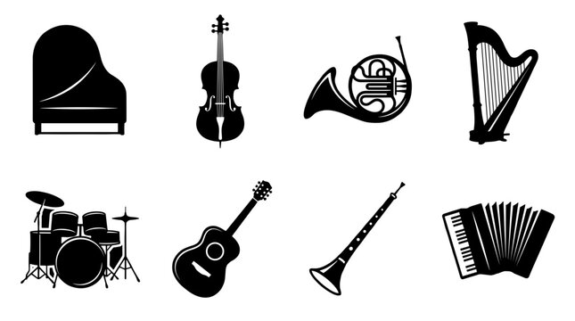Musical Instruments Silhouette Set for Orchestra and Band, Piano, Cello, French Horn, Harp, Drums, Guitar, Oboe and Accordion Vector Graphic Icons