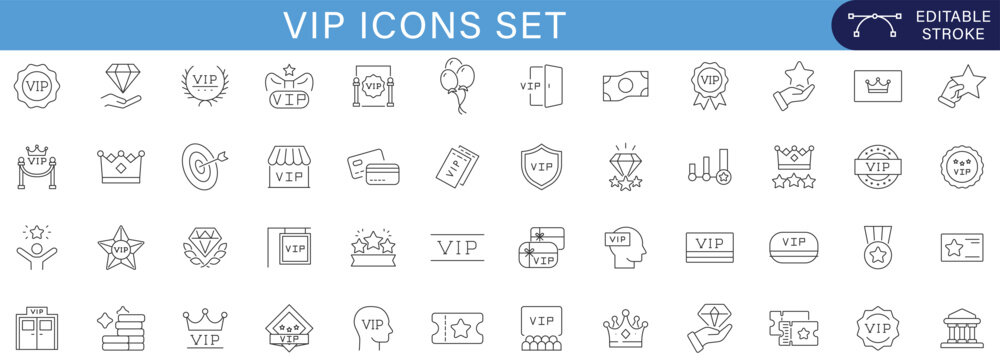 VIP icons set luxury premium badge crown exclusive membership award elite access label diamond privilege symbol collection business quality service vector editable stroke