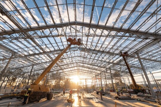 Construction of a large industrial building with cranes and sunlight.