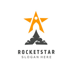 Obraz premium Creative vector logo combining an orange star with a rocket launch silhouette and smoke clouds. Ideal for startups, space technology firms, educational apps, and modern marketing agencies
