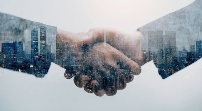 Double Exposure of Business People Shaking Hands with Cityscape Overlay.