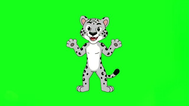 A fun 2D cartoon animation loop showcasing a friendly grey snow leopard character dancing excitedly with arms wide open against a solid chroma key green screen. Perfect for custom video overlays, educ