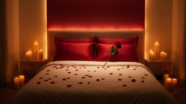 luxury romantic hotel bedroom cinematic candlelight red rose bed