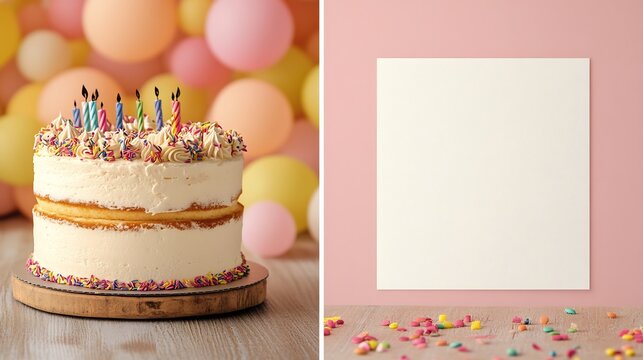 Birthday Card with a birthday cake on the left side leaving a blank space area on the right side for birthday wishes