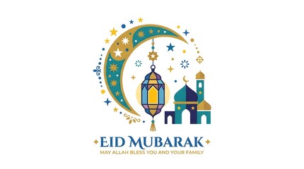 Fototapeta premium Eid Mubarak greeting card with crescent moon and mosque illustration