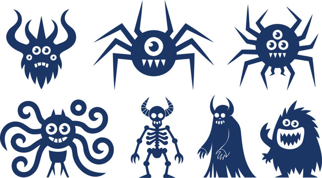 Collection of six stylized dark blue monsters and creatures on white