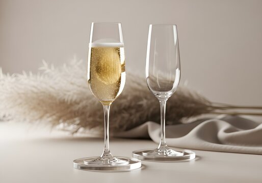 Sparkling Celebration Toast Two Crystal Champagne Flutes One Filled with Bubbly Elixir the Other Poised for Joyful Occasion Amidst Soft Wispy Pampas Grass and Drapery Evoking Sophistication and Festiv