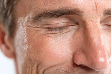 Naklejka premium Close up male skin pore detail natural texture wrinkle smile eye closed cheek nose