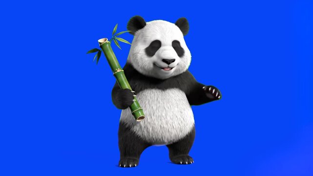 A friendly and fluffy 3D animated giant panda standing and holding a green bamboo stalk. This adorable mascot is perfect for wildlife conservation themes, children's content, and educational nature vi