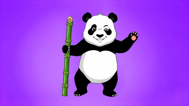 An adorable 2D animated loop of a smiling cartoon panda holding a stick of bamboo and doing a cheerful dance against a solid purple background. Ideal for children's entertainment, birthday video cards