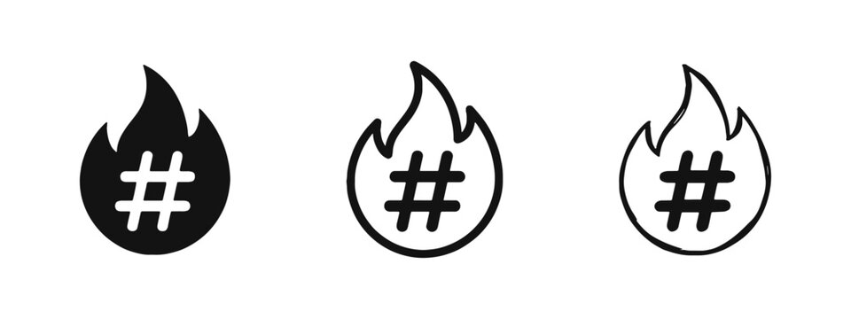 Trending hashtag icon set, viral social media tag with fire flame, solid, outline and hand-drawn sketch styles
