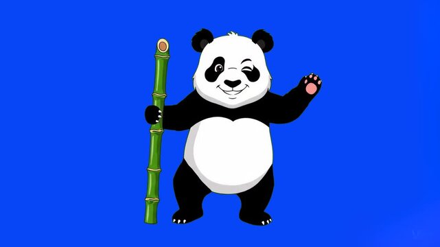 A cute 2D animated panda character waving its paw and holding a green bamboo stalk. This cheerful mascot features a winking expression and is isolated on a solid blue background.