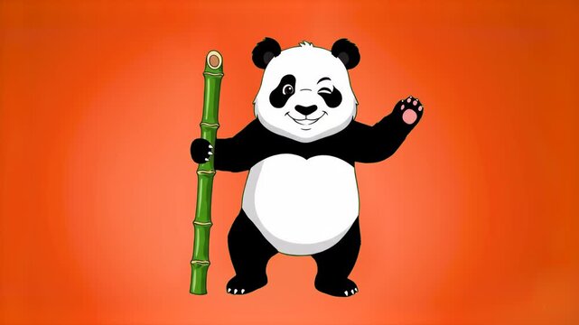 A lively 2D vector animation featuring a happy giant panda bear character celebrating and dancing joyfully while holding a green bamboo stalk against a bright orange backdrop. Perfect for kids' educat