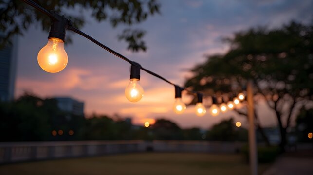 Decorative string lights illuminate an outdoor pathway at dusk creating a warm and inviting atmosphere under a soft twilight sky