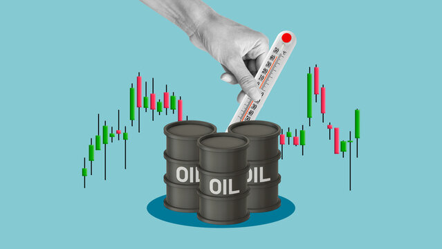 Oil price volatility concept with barrels, stock chart and thermometer, global energy market fluctuation and inflation impact