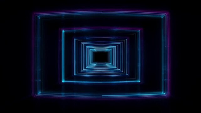 Hypnotic cyberpunk neon tunnel animation with concentric glowing square frames in electric cyan and magenta receding toward a dark vanishing point, seamless loop perfect symmetry and futuristic mood.