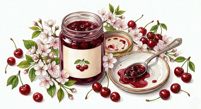 Watercolor illustration of a cherry jam jar with fresh cherries and white blossoms