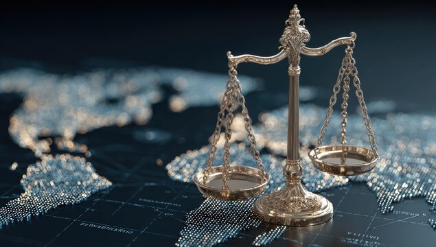 Global Justice Scales of Law on Digital World Map Background.