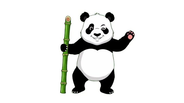 A friendly 2D vector illustration of a cute panda bear character holding a green bamboo stalk with one hand and waving hello with the other, isolated on a clean white background. Ideal for children's 
