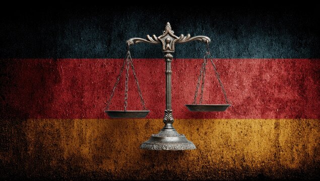 Symbol of Justice Scales on German Flag Background.