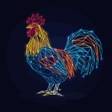 Colorful Wireframe Rooster Illustration on Dark Background.