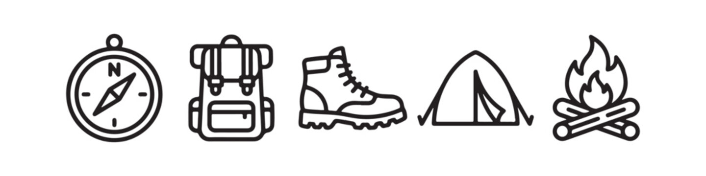 Vector icons of outdoor hiking equipment in a clean bold outline style: a campfire with logs, a trekking boot, a compass, a dome tent, and a travel backpack.