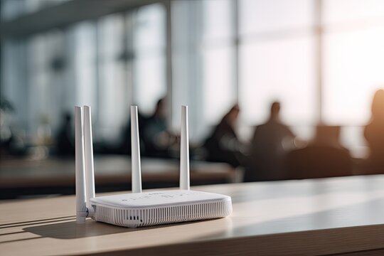 Modern Wi-Fi Router with Antennas on a Table in a Blurred Office Background.