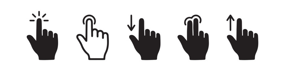 Fototapeta premium Vector icons of touch screen gestures including scrolling, tapping, clicking, and swiping in clean line and solid silhouette styles. Ideal for UI/UX mobile app guides.