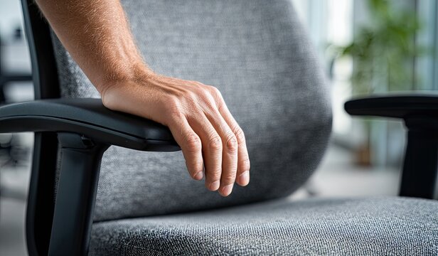 Close-up of a persons hand resting on the armrest of a gray office chair.