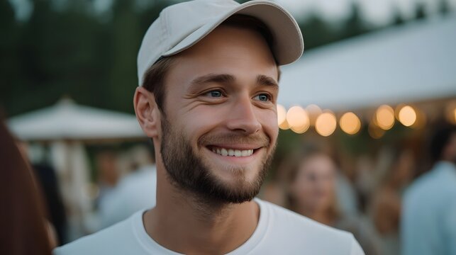 A happy man wearing a cap smiles during a relaxed celebratory outdoor gathering at dusk