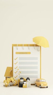 Comprehensive insurance policy concept with family, house, car, medical care and protection checklist under umbrella, symbolizing security and stable living, 3d rendering.
