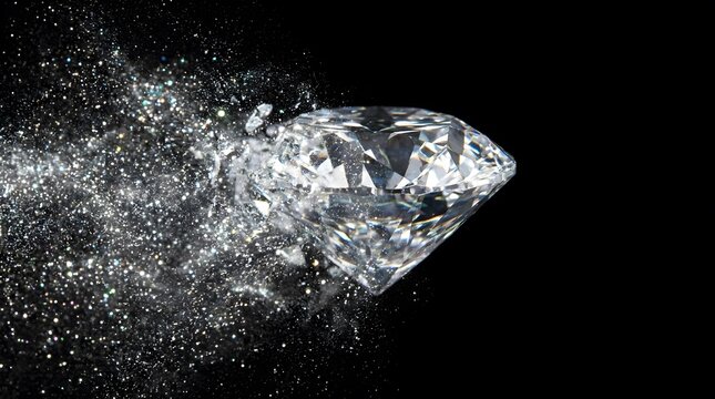 Large diamond shattering into sparkling dust on black background.