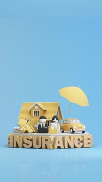 Comprehensive insurance concept with family, home, car, health and property protection under an umbrella, symbolizing financial security, stability and peace of mind, 3d rendering.