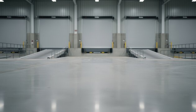 Medium shot of an empty industrial warehouse leasing bay with rollup doors and loading docks focusing on the clean vacant space with blurred background details.