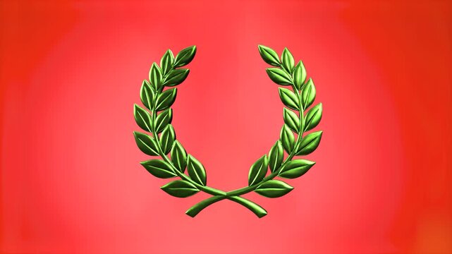 A stylized green laurel wreath symbol displayed prominently against a bold red gradient background. Ideal for holiday greetings, award templates, achievement logos, and festive video overlays.