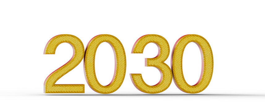 2030 in golden numbers isolated on white background, representing future goals, new year anticipation, success, and achi